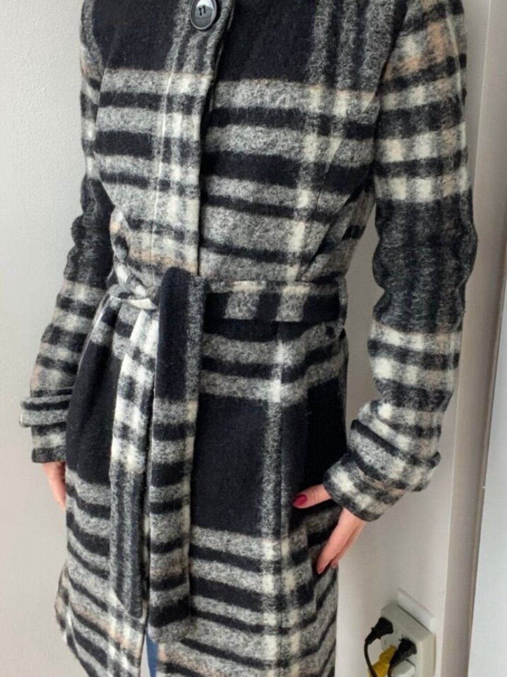 Mango Wool Pinstripe Peacoat: Belted Button Down, Size XS